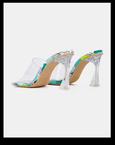 Transparente High Heels Pantoletten mit buntem Print Design, Sohle und geometrischem Absatz.