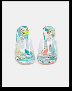 Modische Damen transparente High Heel Pantoletten mit bunten Sohlen quadratische Zehe.