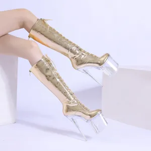 Women gold metallic lace up high heel boots clear platform pole dancing shoes sexy club wear