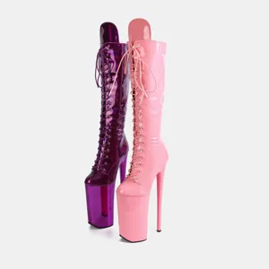 Women extreme high heel lace-up platform knee boots shiny patent leather pole dance runway club shoes