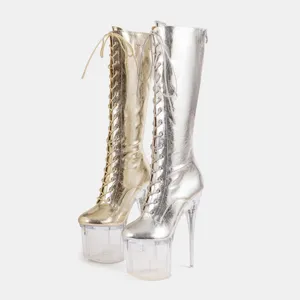 European style lace-up platform high heel knee boots for women club dance pole shoes