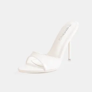 Mules donna bianche minimaliste con tacco a spillo punta aperta sandali estivi.