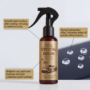 Detail view of car ceramic coating spray bottle showing hydrophobic water drop effect features.