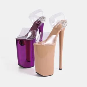 Clear PVC ultra high heel platform sandals with rhinestone buckle for pole dancing show.