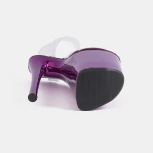 High heel platform shoes, clear PVC strap, shiny purple finish, pole dance stiletto sandals.