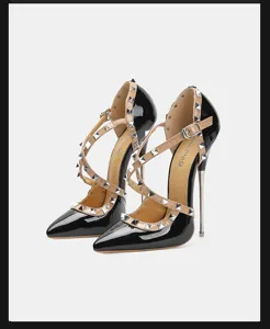 Escarpins talons aiguilles vernis noir femme brides croisées clous chaussures élégantes