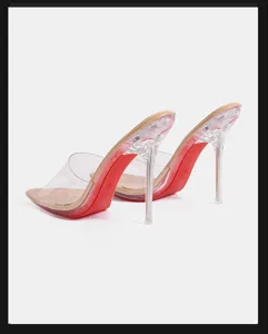 Clear strap high heels sandals for women, elegant red sole party shoes with stiletto heels.