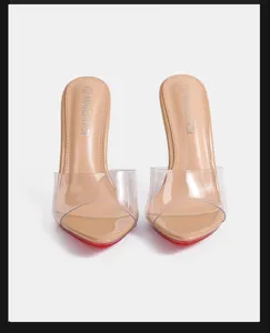 Transparent strap high heels with classic red bottom design, elegant clear mules for women.