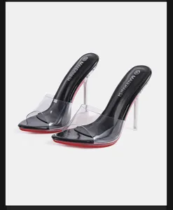 Transparent high heel mules for women, clear strap stiletto sandals with classic red sole.