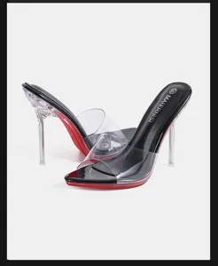 Clear PVC strap stiletto high heels with red sole and black insole product detail view