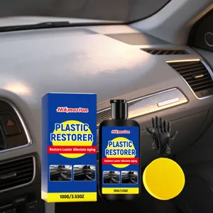 Hikmarion car plastic restorer detail view showing cleaner bottle, box, gloves and sponge.
