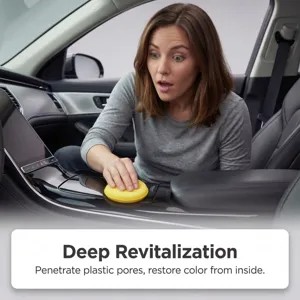 Car interior cleaning scene detail, showing yellow sponge restoring plastic dash surface nicely.