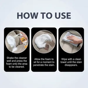 Car interior cleaner detail showing step-by-step usage instructions for foam application.