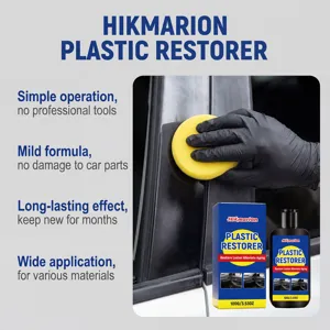 Detail view of car plastic restorer kit with sponge tool and bottle packaging display.