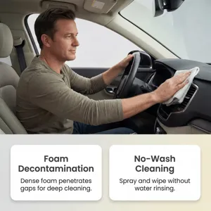 Car interior cleaning detail showing dashboard wipe effect with foam cleaner and towel.