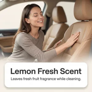 Car interior cleaner application scene showing clean leather seat with fresh lemon fragrance.
