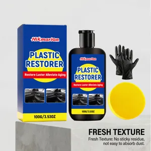 Car plastic restorer kit with 100g bottle, sponge, and gloves for interior care.