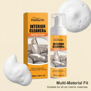 Detail view of Homonth car interior cleaner bottle and box with foam bubbles background.