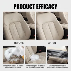 Car interior cleaner foam for deep cleaning car seats and dashboard stain removal efficacy.