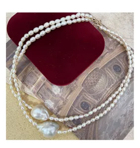 Handgefertigte natürliche Süßwasserperle Barock doppelte Halskette, elegante Kette.