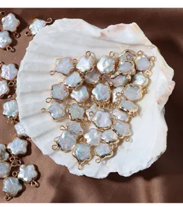 Pendentif fleur de perle d'eau douce naturelle bord dorée double anneau DIY bijoux 12-13mm