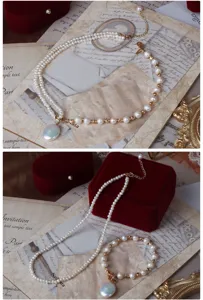 Natürliche Süßwasserperlen Halskette Armband Set Barock Anhänger Vintage Schmuck.
