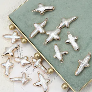 Baroque Süßwasser Perle Kreuz Anhänger vergoldet DIY Schmuckherstellung Charms neu