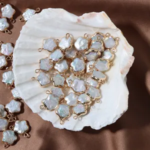 Perle d'eau douce naturelle double boucle fleur breloques bord en cuivre fabrication de bijoux DIY