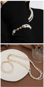 Conjunto de collar y pulsera de perlas barrocas de doble capa con cierre de lazo elegante.