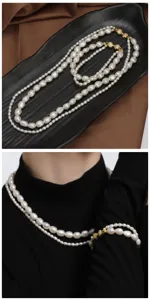 Precioso conjunto de collar y pulsera de perlas barrocas de doble capa con cierre de lazo.