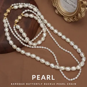 Juego De Collar Y Pulsera De Perlas De Agua Dulce Barrocas De Doble Capa Con Hebilla De Lazo Joyería Vintage Elegante Para Mujer