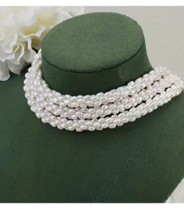 Mehrschichtige natürliche Süßwasserperlen Halskette, vintage Reiskorn Perlen Schmuck.