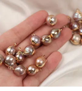 Gros perle d'eau douce naturelle baroque plaqué or capuchon pendentif unique DIY boucles d'oreilles