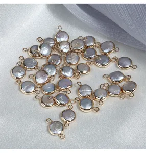 9-10mm rond double boucle bouton serti baroque perle d'eau douce naturelle plaqué or DIY bijoux