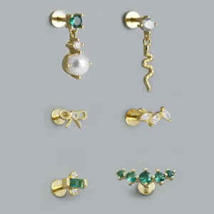 925 Sterling Silver Zirconia Stud Earrings For Women European Style Piercing Jewelry Artificial Pearl Snake Bow Flat Back Labret Earring