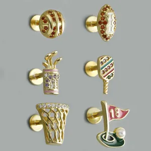 Orecchini a Bottone S925 in Argento Sterling Sportivi Basket Rugby Golf Racchetta per Donna Con Strass Gioielli da Piercing