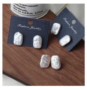 Natural freshwater pearl earrings, irregular rectangular baroque style retro jewelry studs.