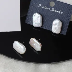 Vintage Natural Freshwater Baroque Pearl Stud Earrings With 925 Sterling Silver Post Rectangular Chewing Gum Shape Earrings For Women