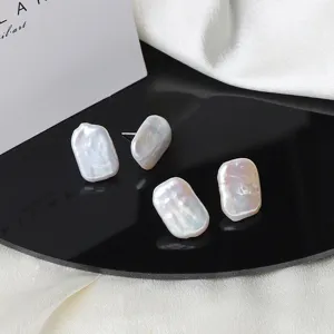 Natural freshwater baroque pearl stud earrings with 925 silver pins, retro square jewelry.