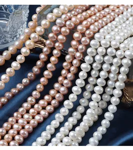 Fili di perle d'acqua dolce naturali, collana di perle a forma di uovo liscio da 7mm.