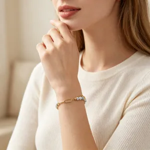 Gold-plated paperclip chain bracelet with natural stone grey beads for women fashion jewelry