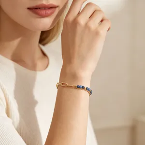 Gold-plated stainless steel layered paperclip chain bracelet with natural stone beads for women.