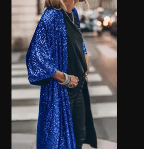 Damen glamouröse königsblaue Pailletten lange Strickjacke, ideal für Party und Abendmode Stil.