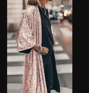 Damen Pailletten langer Cardigan Party Mantel lässig glitzernde offene Vorderseite Oberbekleidung