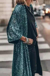 Damen funkelnd gruene Pailletten Cardigan Mantel, Mode Party Oberbekleidung Detail.