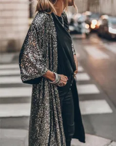 Glänzende Pailletten Kimono Strickjacke für Damen, ideal für elegante Partys und Abende.