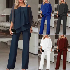 Women Elegant Polyester Chiffon Top And Bottom Set Irregular Off-Shoulder Batwing Sleeve Top With Matching Jumpsuit Fashion Casual Two Piece Outfit