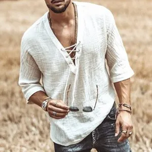 Casual men's white linen v-neck lace-up shirt detail view, breathable fabric, outdoor lifestyle style.