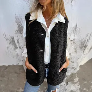 Gilet da Donna Casual in Acrilico Poliestere Lana d'Agnello Polarfleece Giacca Smanicata Monopetto Outwear Con Tasche
