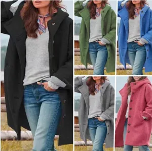 Women loose hooded trench coat casual long sleeve overcoat multi-color optional outerwear.